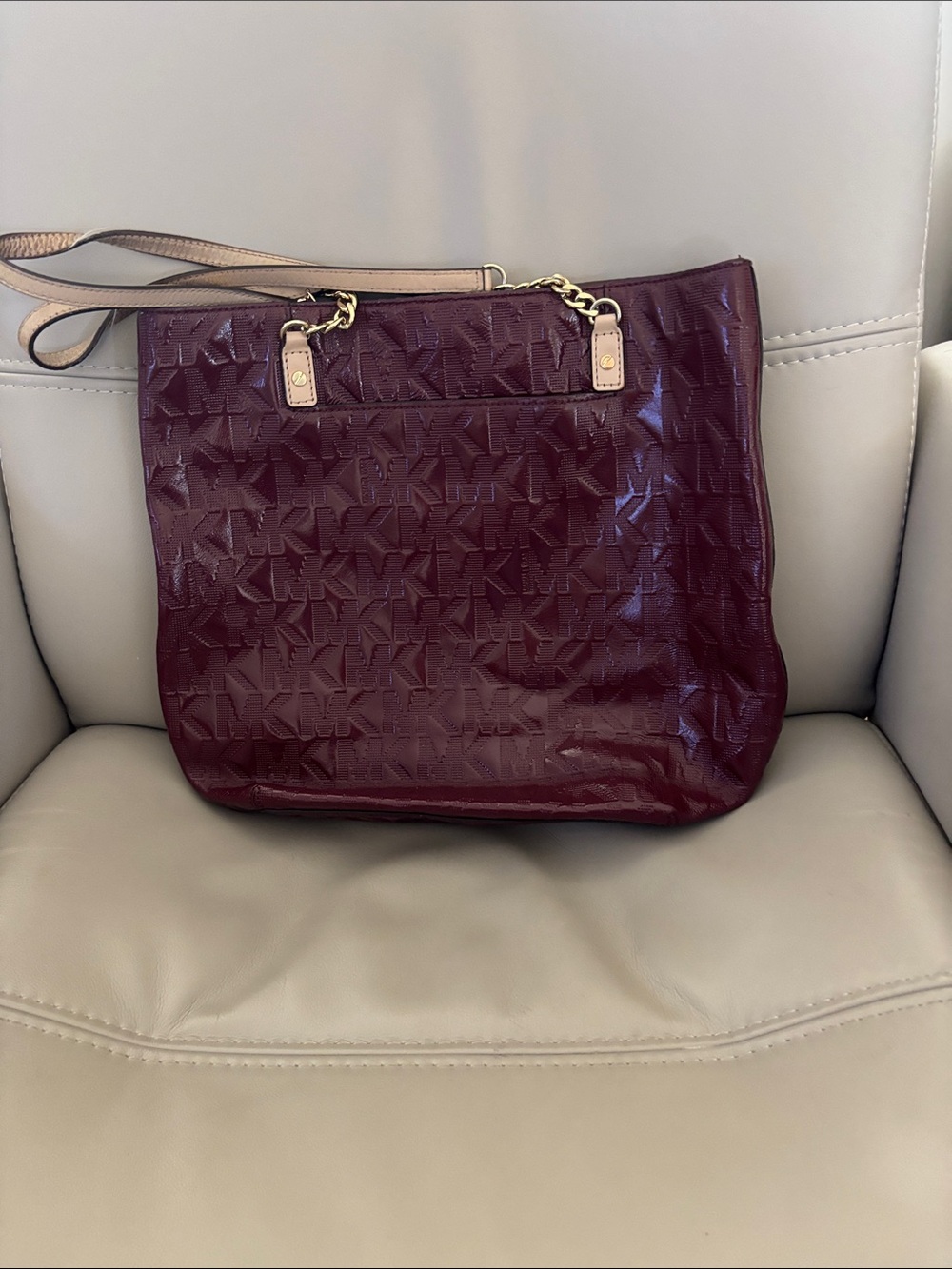 Michael Kors Deep Burgundy Embossed MK Logo Tote with Gold Accents
